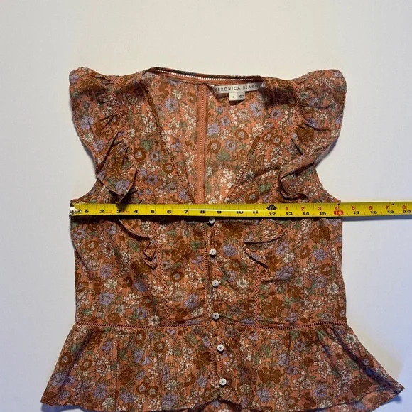 VERONICA BEARD Araya Top Coral Floral Ruffle Button Front Eyelet Detail Blouse 2 - Picture 5 of 10